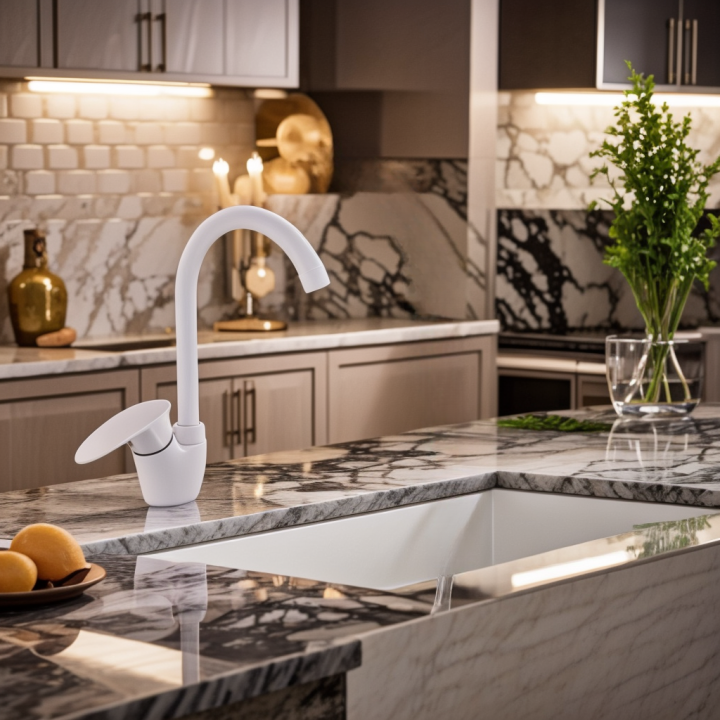 White kitchen sink mixer tap swan